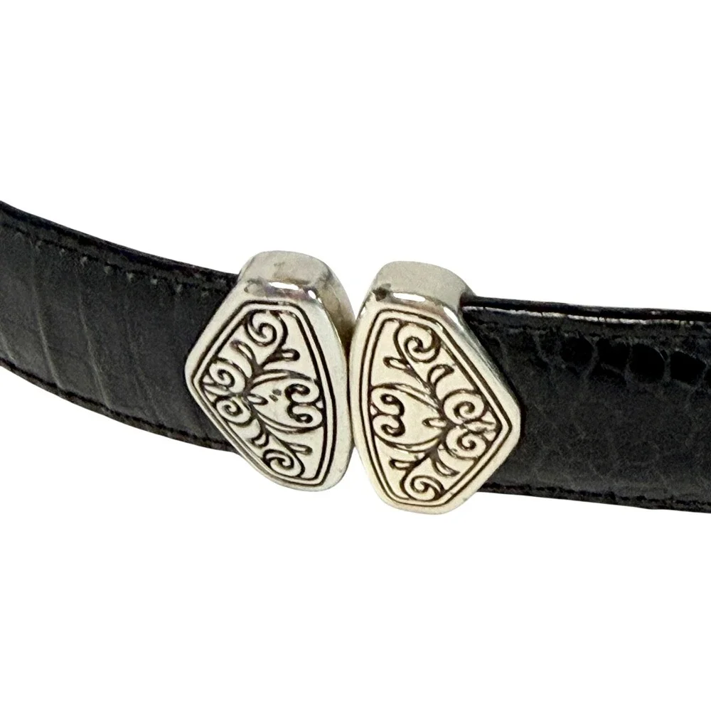 Brighton Black Croc Embossed Leather Belt Silver Scroll Buckle Size Large 30